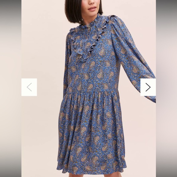 Anthropologie Maria dress, blue paisley ruffle bib prairie long sleeve midi M - Picture 1 of 10